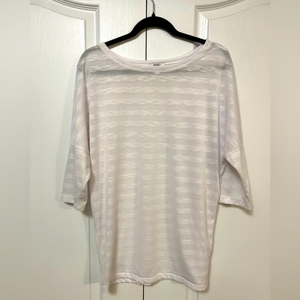 Three quarter length sleeved sheer white striped shirt